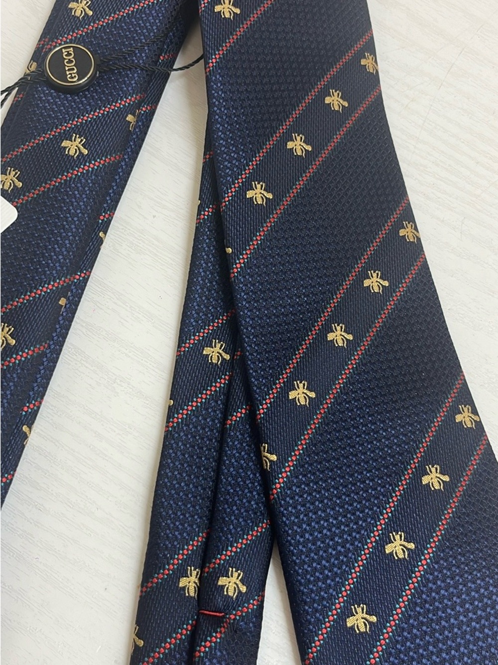 Gucci Navy Silk Tie with Red Stripes and Gold Bee Motif - Picture 2 of 2